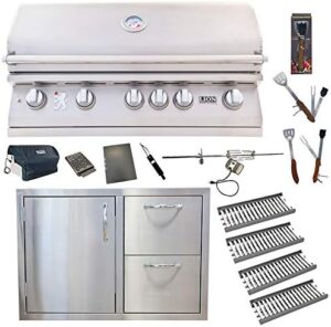 Unlock backyard gourmet with the Propane Grill L90000, featuring 4 ceramic tubes and flame tray. Perfect for USA-made grilling with a left hinge door and drawer. Plus, get the 5-in-1 BBQ tool set included.