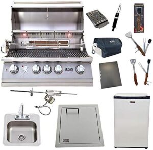 Here is the output:

"Upgrade your backyard with this complete Lion grill package, featuring a 32-inch natural gas grill, refrigerator, and more. Includes towel rack, sink, and 5-in-1 BBQ tool set."