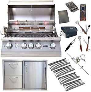 "Upgrade your backyard gatherings with the 32-Inch Propane Grill L75000, featuring 4 ceramic tubes and flame tray. Includes USA-made door/drawer combo unit and 5-in-1 BBQ tool set, perfect for outdoor entertaining."