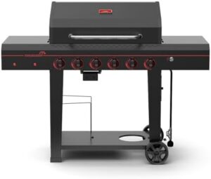 "Upgrade your outdoor cooking experience with this 6-Burner Propane Barbecue Gas grill featuring side shelves with hooks and open cart with side tables. Perfect for camping, patio, or garden use."