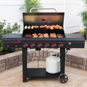 "Upgrade your outdoor cooking experience with this 6-Burner Propane Barbecue Gas grill featuring side shelves with hooks and open cart with side tables. Perfect for camping, patio, or garden use."