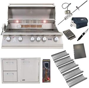 "Upgrade your backyard grilling experience with this 40-Inch Natural Gas Grill L90000 featuring 5 ceramic tubes, flame tray and Lion door & drawer combination unit. Plus, get a 5-in-1 BBQ tool set in this ultimate package deal!"