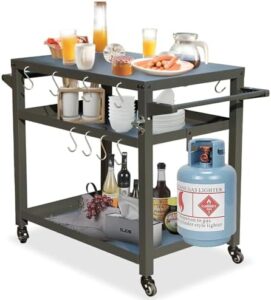 Elevate your outdoor grilling experience with the Domi 3-Shelf Outdoor Grill Cart. Features include pizza oven table, food prep station and Blackstone griddle stand for a convenient BBQ setup. Save on your next purchase!
