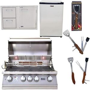 Up your outdoor cooking game with the 32-Inch Natural Gas Grill L75000, featuring a Lion Door and Drawer Combo with Towel Rack. Bundle deal includes refrigeration and 5-in-1 BBQ tool set. Save big on this comprehensive package!