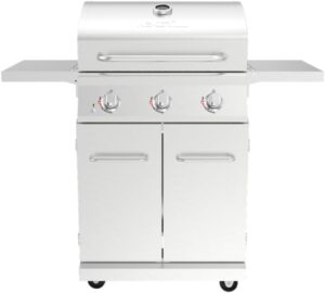 Master griller's delight! Savor large cooking areas (591.05 sq. in.) and adjustable heat control on this stainless steel propane gas grill with foldable side shelves, perfect for outdoor adventures, tailgating, or backyard BBQs.