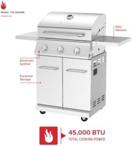 Master griller's delight! Savor large cooking areas (591.05 sq. in.) and adjustable heat control on this stainless steel propane gas grill with foldable side shelves, perfect for outdoor adventures, tailgating, or backyard BBQs.