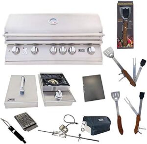 "Savor backyard gatherings with the 40-Inch Liquid Propane Grill L90000, featuring a single side burner and 5-in-1 BBQ tool set. Perfect for outdoor cooking enthusiasts."