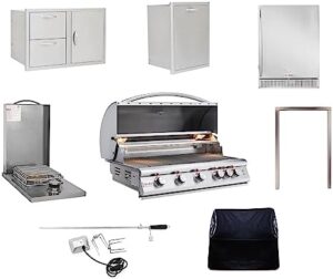 Discover the ultimate outdoor cooking experience with BLAZE BBQ's package featuring a built-in gas grill, single side burner, storage drawers, and refrigerator. Perfect for camping trips or backyard gatherings! Save big on this premium bundle!