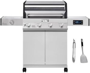 Unlock sizzling outdoor gatherings with Monument Grills Denali D405, a 4-burner propane gas grill featuring smart technology and stainless steel construction. Includes BBQ tool set with spatula & tongs.
