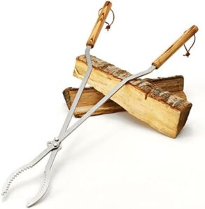 Grab heavy-duty fire pit tongs made in the USA, perfect for campfires and bonfires. 42 inches long and stainless steel for durability.