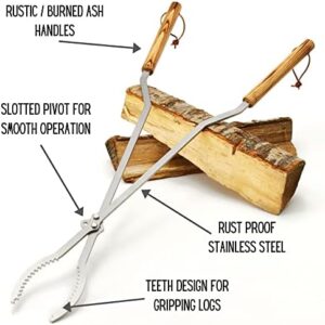 Grab heavy-duty fire pit tongs made in the USA, perfect for campfires and bonfires. 42 inches long and stainless steel for durability.