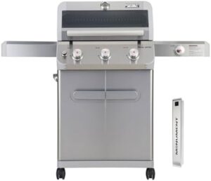 Here is the optimized meta description:

"Upgrade your outdoor cooking experience with Monument Grills' 3-burner propane gas grill featuring a side burner, smoker box and knob controls. Perfect for patio gatherings, this stainless steel grill delivers 48,000 BTUs of cooking power."