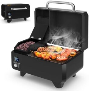 Here is the optimized SEO meta description:

"Upgrade your outdoor cooking experience with Giantex's portable pellet grill and smoker. Control temperatures, remove ash pan & grease tray, and enjoy non-stick cooking on this compact tabletop setup for camping, RVs, or backyard adventures."