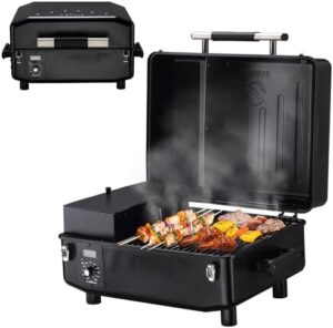 Portable pellet grill perfect for small spaces or camping trips. Compact design with digital control and adjustable temperature. Enjoy your favorite BBQ flavors at home or on-the-go, without sacrificing taste.