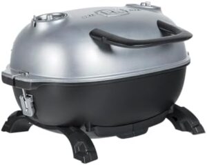 Portable charcoal grill and smoker with lid for camping, backyard grilling, and tailgating. Compact design, cast iron grate, and aluminum construction make it perfect for small spaces.