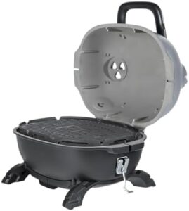 Portable charcoal grill and smoker with lid for camping, backyard grilling, and tailgating. Compact design, cast iron grate, and aluminum construction make it perfect for small spaces.