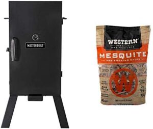 Smoking enthusiasts rejoice! Masterbuilt's analog electric smoker with 3 racks and 30 inches of space. Includes Western Premium BBQ smoking chips in mesquite flavor. Perfect for outdoor cooking adventures.