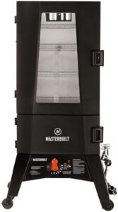 Masterbuilt's ThermoTemp Propane Gas Vertical BBQ Smoker delivers precise temperature control and ample cooking space for up to 960 square inches. Perfect for backyard grilling enthusiasts, this black model ensures tender, flavorful results with minimal effort.