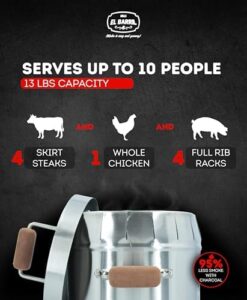 Unlock backyard BBQs and smoky flavors with EL BARRIL 13lbs Smoker Grill Combo's stainless steel barrel and grilling accessories. Perfect for outdoor enthusiasts, this portable combo offers charcoal smoking and grilling versatility.