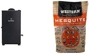 Smoking perfection at home with the Masterbuilt MB20071117 Digital Electric Smoker and Western Premium BBQ Smoking Chips. Compact 30" design for small spaces, ideal for Mesquite BBQ lovers. Get ready to elevate your grilling game!