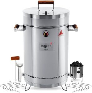 Discover the Basik charcoal grill, a 3-in-1 stainless steel smoker grill perfect for cooking and BBQ. Portable and compact, ideal for outdoor and camping adventures. Includes thermometer and accessories for effortless grilling.