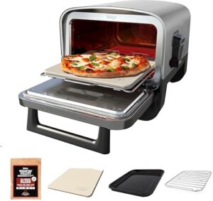 Cook up gourmet pizzas anywhere with the Ninja Woodfire Outdoor Pizza Oven, a portable electric roaster oven that heats up to 700°F and features 5 artisan pizza settings and an integrated BBQ smoker box. Includes flavored wood pellets. Renewed for a great value!