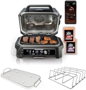 Discover the ultimate outdoor cooking experience with Ninja OG951 Woodfire Pro Connect Premium XL Grill & Smoker. Includes rib rack and roast rack for endless BBQ possibilities, perfect for smoking, grilling, or roasting your favorite meals.