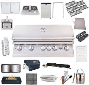 "Upgrade your backyard BBQ game with the Lion Premium Grills bundle featuring a 40-inch grill, double doors, refrigerator, and more. Enjoy cooking and entertaining all year round with its impressive features."