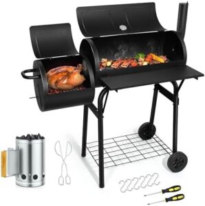 Discover the Joyfair Barrel Charcoal Grill with offset Smoker, perfect for grilling, smoking, and roasting. Features a chimney starter set, thermometer, front table, and 6 S-hooks & clamp for effortless cooking.