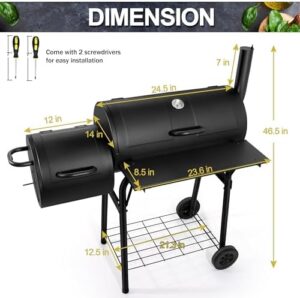 Discover the Joyfair Barrel Charcoal Grill with offset Smoker, perfect for grilling, smoking, and roasting. Features a chimney starter set, thermometer, front table, and 6 S-hooks & clamp for effortless cooking.