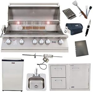 Upgrade your backyard cooking experience with the Lion L90000 propane grill, featuring a refrigerator, door, and drawer combo, drop-in sink, and 5-in-1 BBQ tool set. A perfect package deal for outdoor enthusiasts.