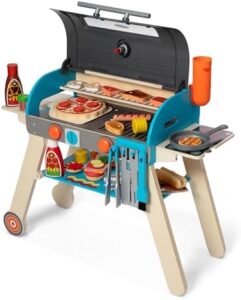 Cook up imaginative play with Melissa & Doug's wooden deluxe barbecue grill, smoker, and pizza oven toy. Perfect pretend play set for kids, FSC certified, 3-in-1 design for endless fun.