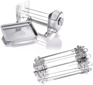 Discover the Non-Electric Rotisserie Kit with 10-Piece Skewer Set, perfect for indoor and outdoor cooking on grills, ovens, smokers, and BBQs. Cordless and easy to use!