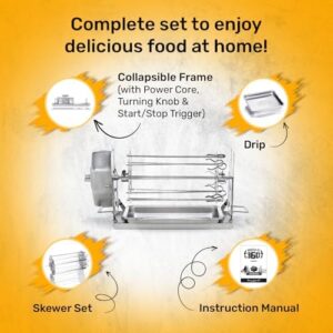 Discover the Non-Electric Rotisserie Kit with 10-Piece Skewer Set, perfect for indoor and outdoor cooking on grills, ovens, smokers, and BBQs. Cordless and easy to use!