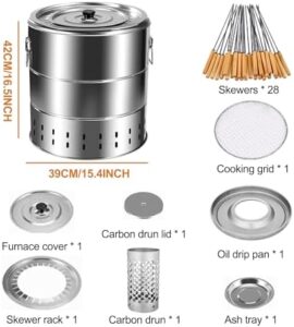 Here is the generated SEO meta description:

"Effortlessly grill your favorite foods with this portable charcoal barrel grill featuring stainless steel surround and 28 skewers. Perfect for backyard BBQs or camping trips."