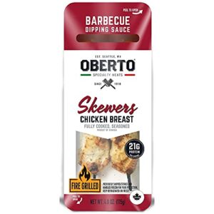 Discover delicious and convenient BBQ chicken breast skewers from Oberto. Each 4 oz serving is fully cooked and seasoned with great flavor, perfect for snacking or grilling. Get 30 per case for a tasty treat!