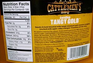 Experience the rich flavors of Southern-style BBQ with Cattlemen's Barbecue Sauce Carolina Tangy Gold, a 4-bottle pack perfect for any grilling occasion. Savor tangy and sweet notes in every bite!