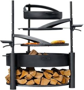Elevate your backyard gatherings with the Grand Hearth 32" Cooking Fire Pit, featuring a deluxe 3-in-1 grill plate, griddle skillet set, and rods. Perfect for camping or backyard BBQs, this handcrafted steel firepit offers a large outdoor cooking space.