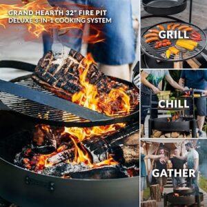 Elevate your backyard gatherings with the Grand Hearth 32" Cooking Fire Pit, featuring a deluxe 3-in-1 grill plate, griddle skillet set, and rods. Perfect for camping or backyard BBQs, this handcrafted steel firepit offers a large outdoor cooking space.