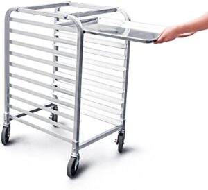 Organize your kitchen workflow with the New Star Foodservice 36510 Commercial-Grade Aluminum 10-Tier Sheet Pan/Bun Pan Rack, featuring 26" L x 20" W x 38" H dimensions and brake wheels for easy mobility. Perfect for busy commercial kitchens, this rack saves space and increases efficiency.