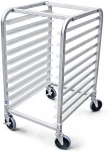Organize your kitchen workflow with the New Star Foodservice 36510 Commercial-Grade Aluminum 10-Tier Sheet Pan/Bun Pan Rack, featuring 26" L x 20" W x 38" H dimensions and brake wheels for easy mobility. Perfect for busy commercial kitchens, this rack saves space and increases efficiency.
