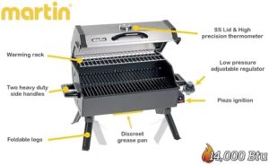 Unlock backyard cooking with Martin's Portable Propane Gas Grill, featuring 14000 BTU tabletop design, porcelain grate, folding legs and grease pan. Perfect for camping or small gatherings. Limited time offer: save big!