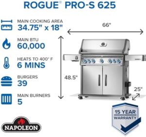 Here is the optimized SEO meta description:

"Power up your outdoor cooking with Napoleon Rogue PRO-S 625 propane gas grill featuring infrared side and rear burners, stainless steel construction, and 7 burners for perfect meals. Exclusive discounts available!"