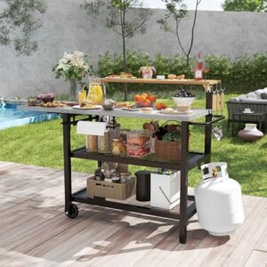 Elevate your outdoor grilling experience with the Sundale Outdoor Four-Shelf Grill Cart Table, featuring a stainless steel oven and multifunctional work prep-table for effortless BBQ grills and pizzas.