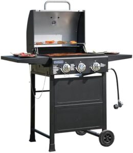 Experience the ultimate outdoor grilling experience with the Grill Propane 3 Burner Gas Outside, featuring a thermometer and foldable rack for convenient cooking. Perfect for small gatherings, this BBQ grill delivers 30,000 BTUs of power.