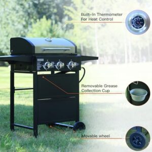 Experience the ultimate outdoor grilling experience with the Grill Propane 3 Burner Gas Outside, featuring a thermometer and foldable rack for convenient cooking. Perfect for small gatherings, this BBQ grill delivers 30,000 BTUs of power.
