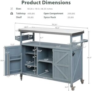 Elevate your outdoor gatherings with this Grey Blue Outdoor Kitchen Island featuring storage, rolling wheels, and a stainless steel top. Perfect for kitchen or BBQ use, includes spice rack and towel rack.