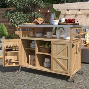 Here is the meta description:

"Transform your outdoor kitchen with this 50.25'' solid wood island featuring a stainless steel top, rolling bar cart, and storage cabinet for a perfect blend of form and function."