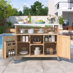 Here is the meta description:

"Transform your outdoor kitchen with this 50.25'' solid wood island featuring a stainless steel top, rolling bar cart, and storage cabinet for a perfect blend of form and function."