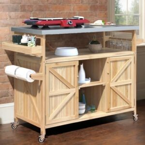 Here is the generated SEO meta description:

"Upgrade your outdoor entertaining space with this patio grill cart featuring natural wood construction, stainless steel top, and ample storage for utensils, spices, and towels. Perfect for food prep and gatherings."